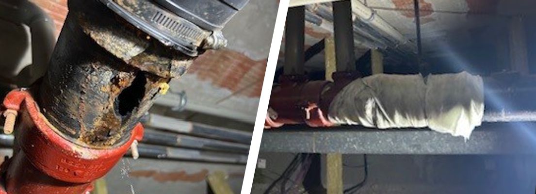 80mm diameter hole in a cast iron wastewater drain pipe seal with SylWrap Drain & Waste Pipe Repair Kit